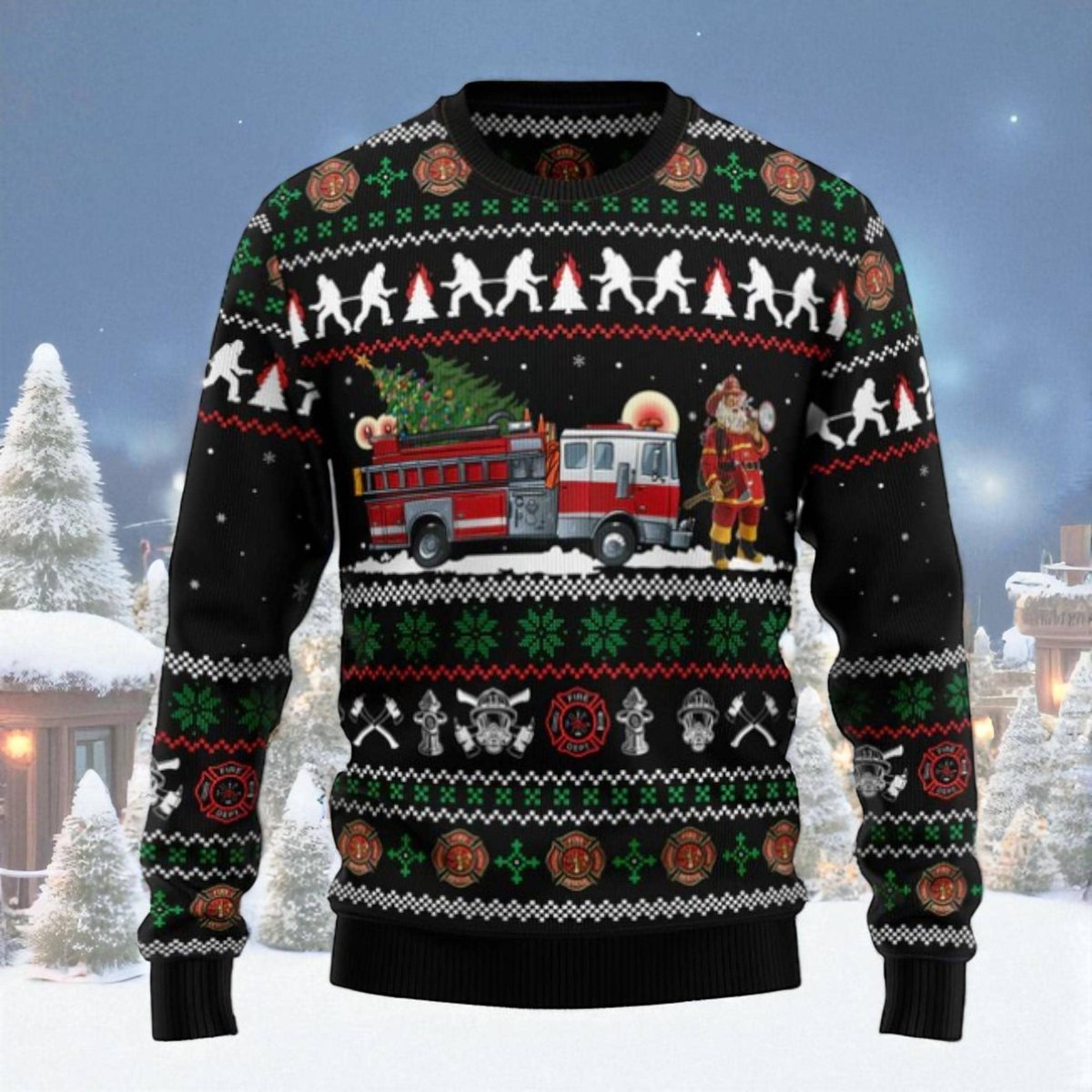Firefighter Santa Ugly Christmas Sweater Fire Truck Holiday Pullover Gift Unisex