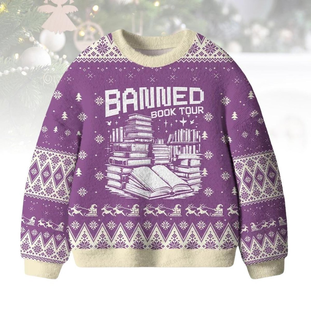 Banned Book Tour Reading Lover Ugly Christmas Sweater Purple Holiday Knit Pullover Gift