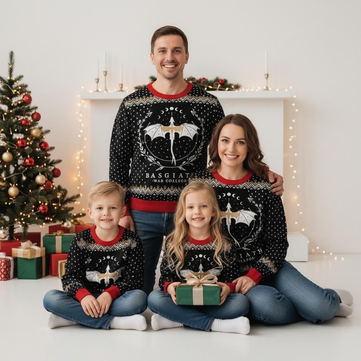 Basgiath War College Dragon Fantasy Ugly Christmas Sweater Black Red Holiday Knit Jumper