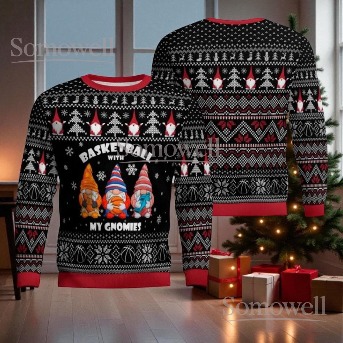 Basketball With My Gnomies Black Christmas Ugly Sweater Funny Sports Holiday Knit Jumper