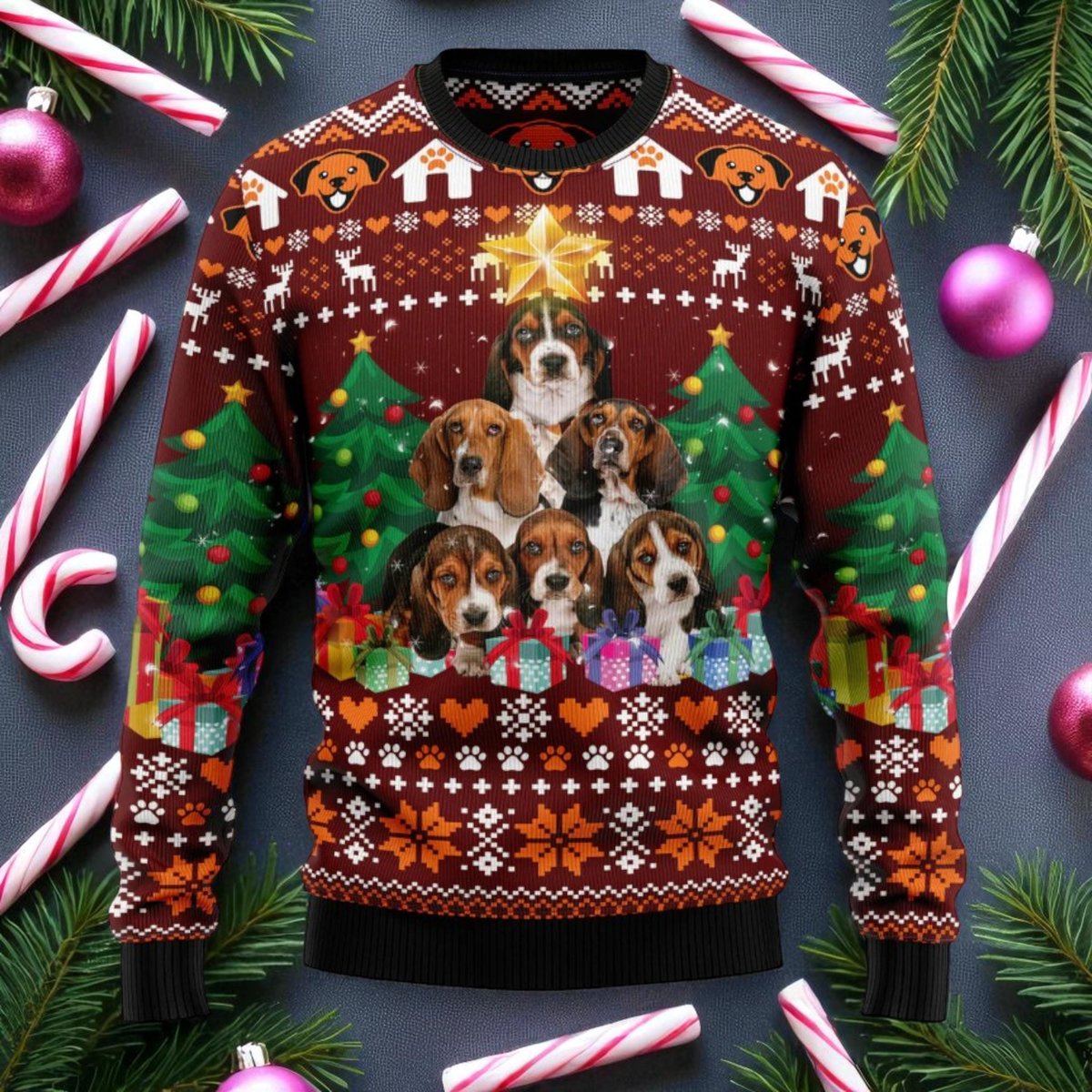 Basset Hound Christmas Tree Ugly Sweater Funny Dog Lover Holiday Knit Pullover