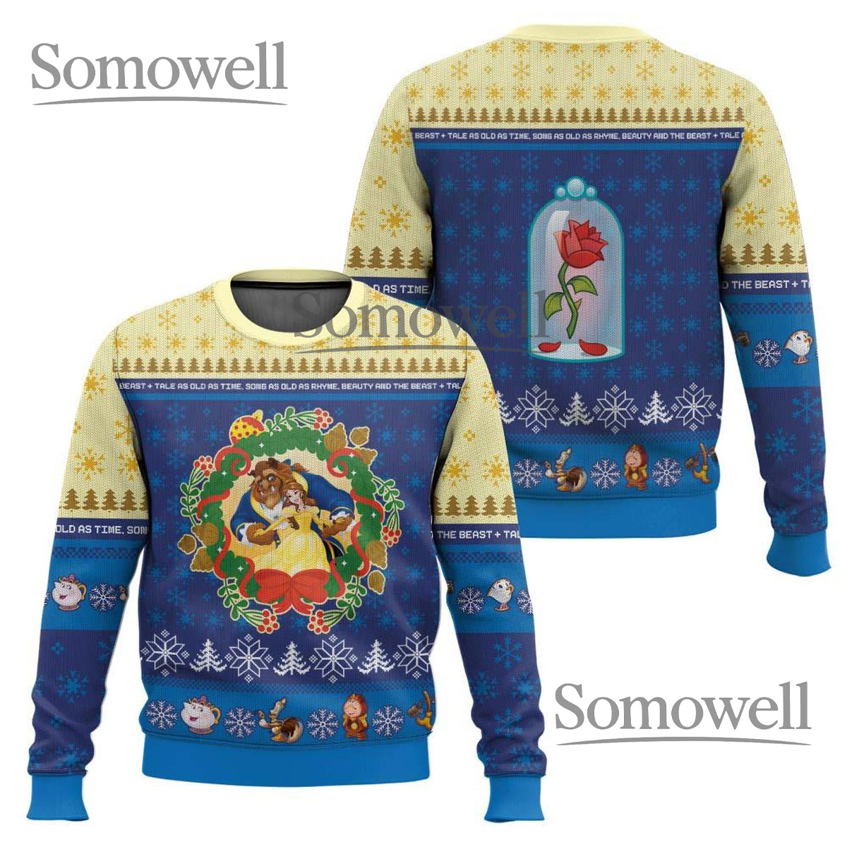 Beauty And The Beast Yellow Blue Ugly Christmas Knit Sweater Disney Holiday Gift