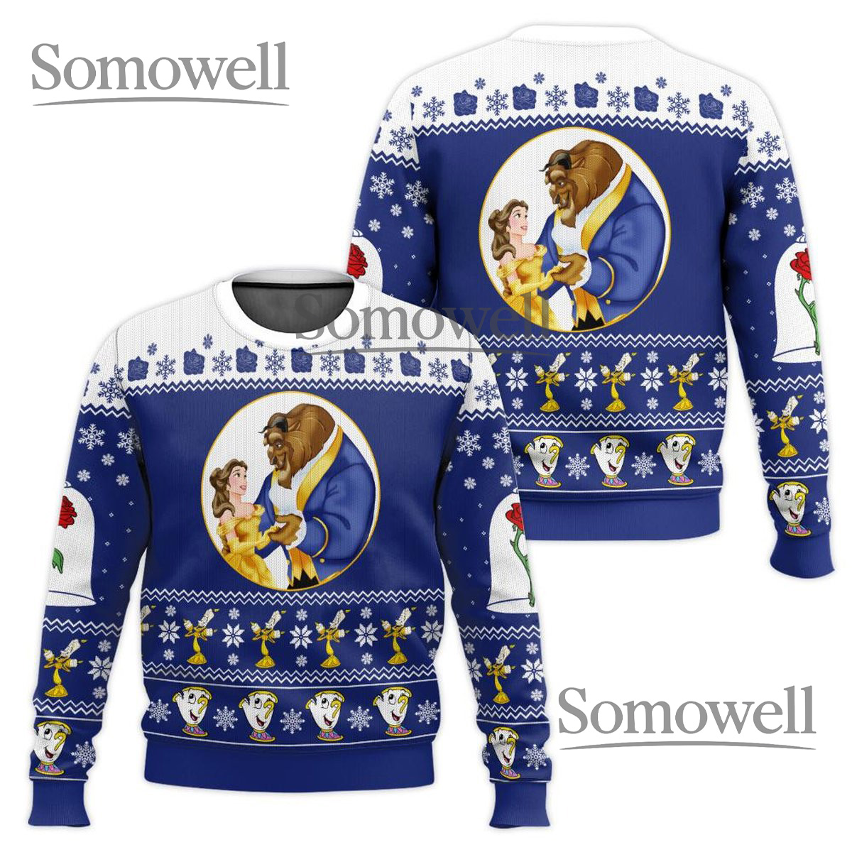 Beauty And The Beast Blue White Ugly Christmas Sweater Disney Couple Holiday Knit Gift