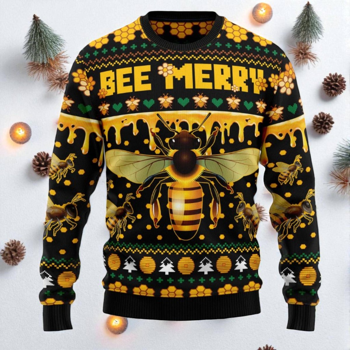 Bee Merry Ugly Christmas Sweater Honey Bee Pattern Funny Holiday Pullover Gift