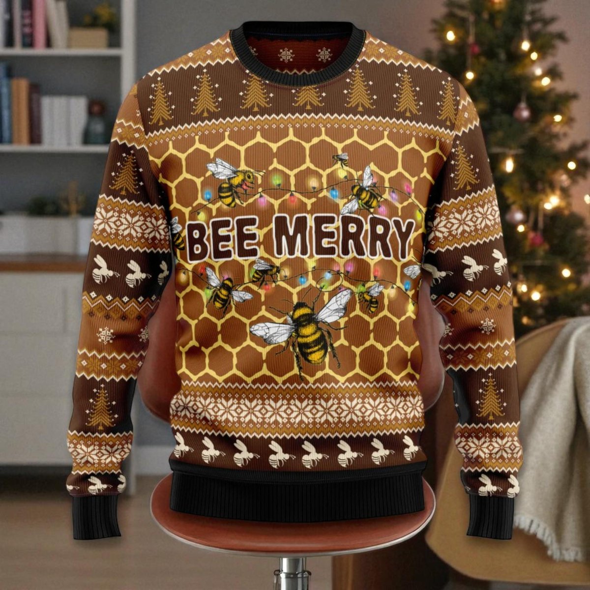 Bee Merry Honeycomb Ugly Christmas Sweater Funny Bee Lover Holiday Pullover