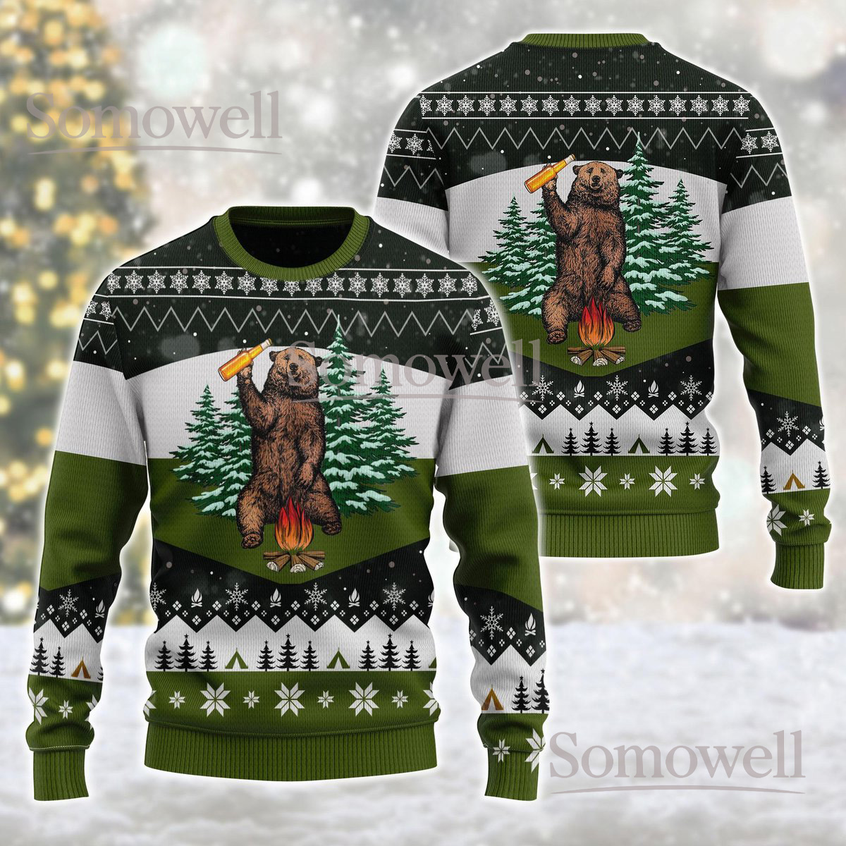 Campfire Bear Christmas Green Ugly Sweater Funny Outdoor Holiday Knit Jumper