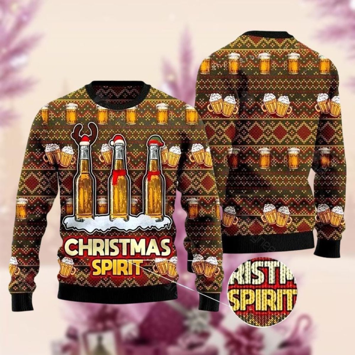 Beer Reindeer Christmas Green Ugly Sweater Funny Drinking Holiday Festive Knit Jumper