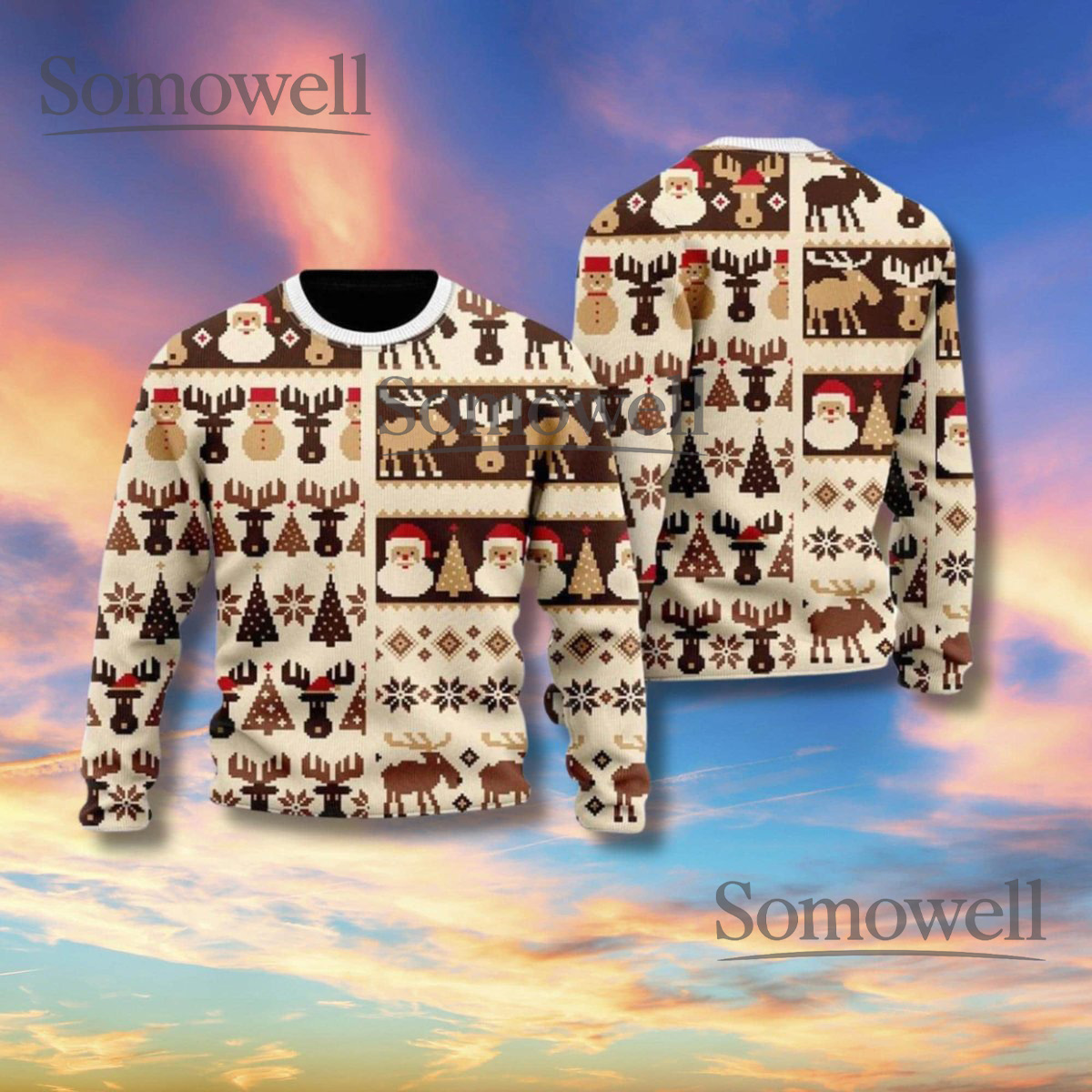 Beige Nordic Christmas Sweater Santa Reindeer Moose Holiday Knit