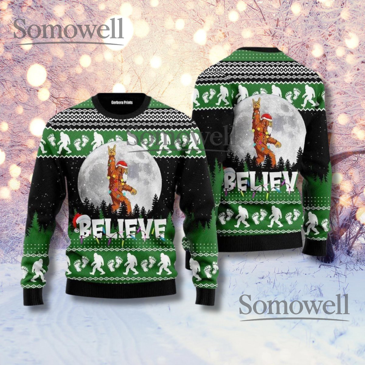 Believe Bigfoot Ugly Christmas Sweater Moon Night Forest Unisex Holiday Jumper