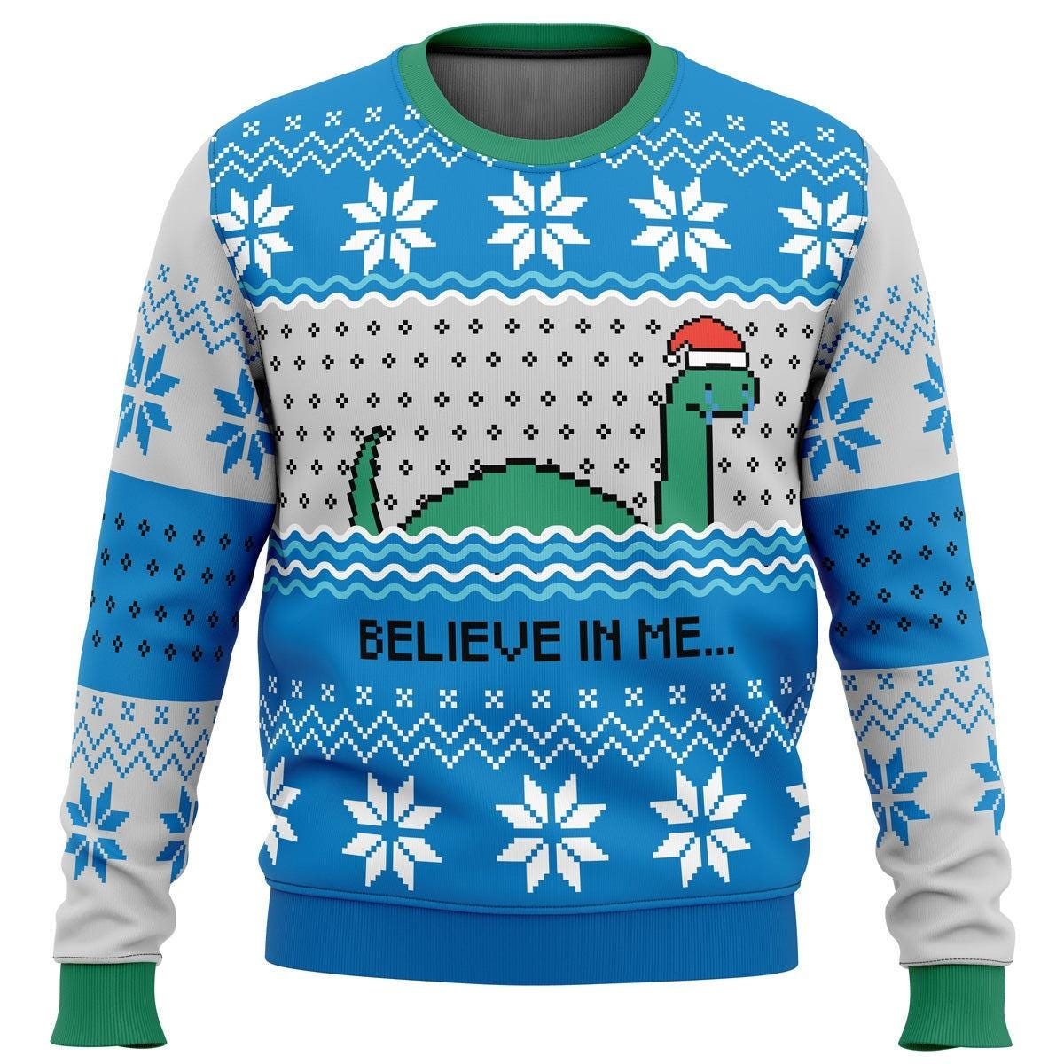 Believe In Me Loch Ness Monster Ugly Christmas Sweater Funny Blue Holiday Knit Pullover Gift