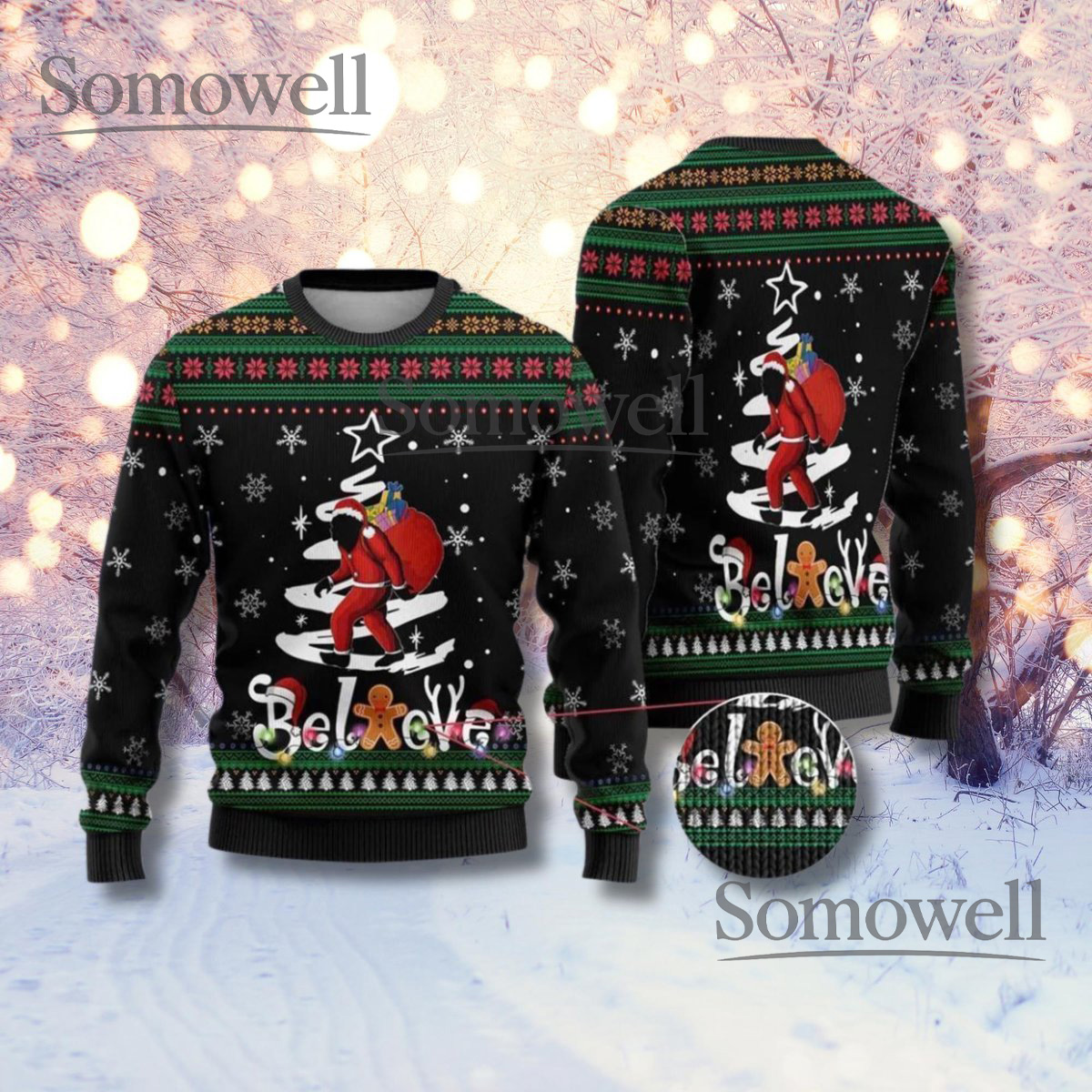 Believe Santa Ugly Christmas Sweater Snowflake Tree Unisex Holiday Jumper