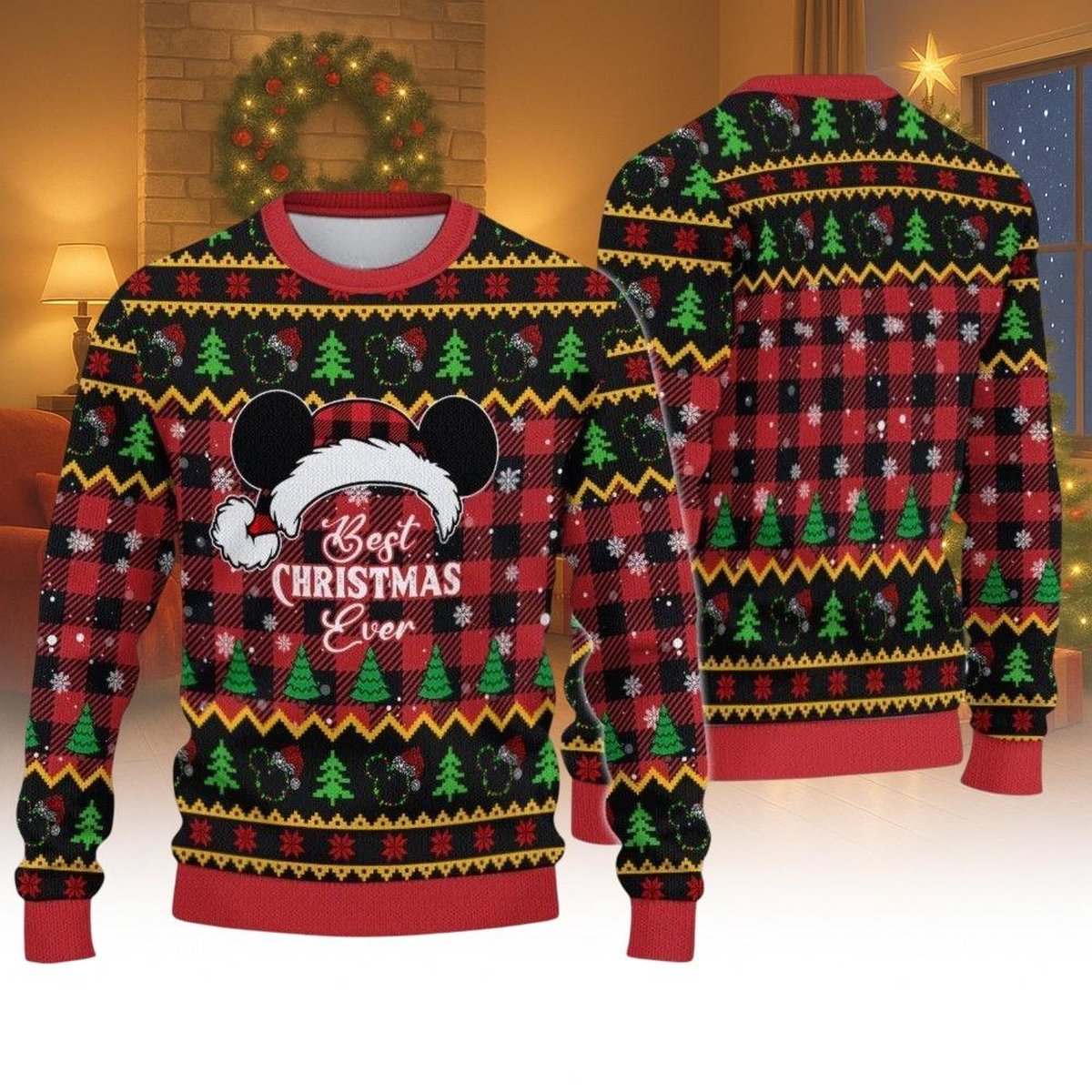 Best Christmas Ever Mickey Mouse Ugly Christmas Sweater Red Plaid Holiday Knit Jumper