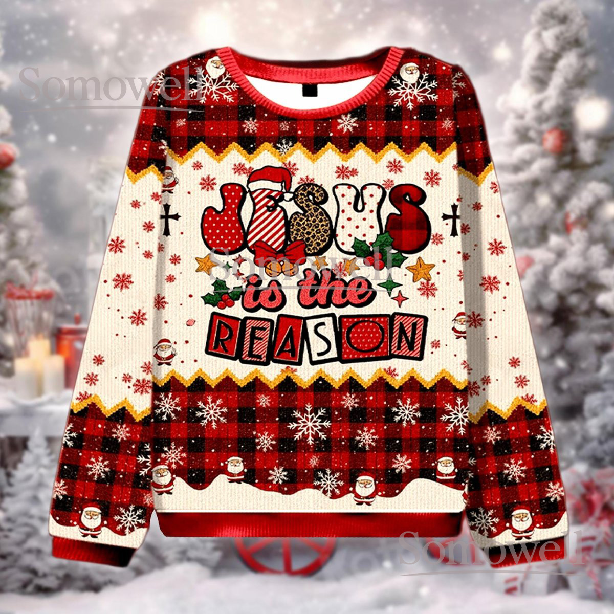 Jesus Is The Reason Buffalo Plaid Ugly Sweater Christian Holiday Christmas Gift