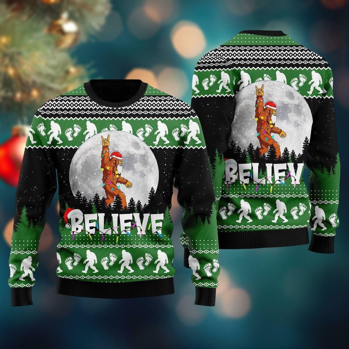 Bigfoot Believe Green Christmas Ugly Sweater Sasquatch Moonlight Holiday Knit Jumper