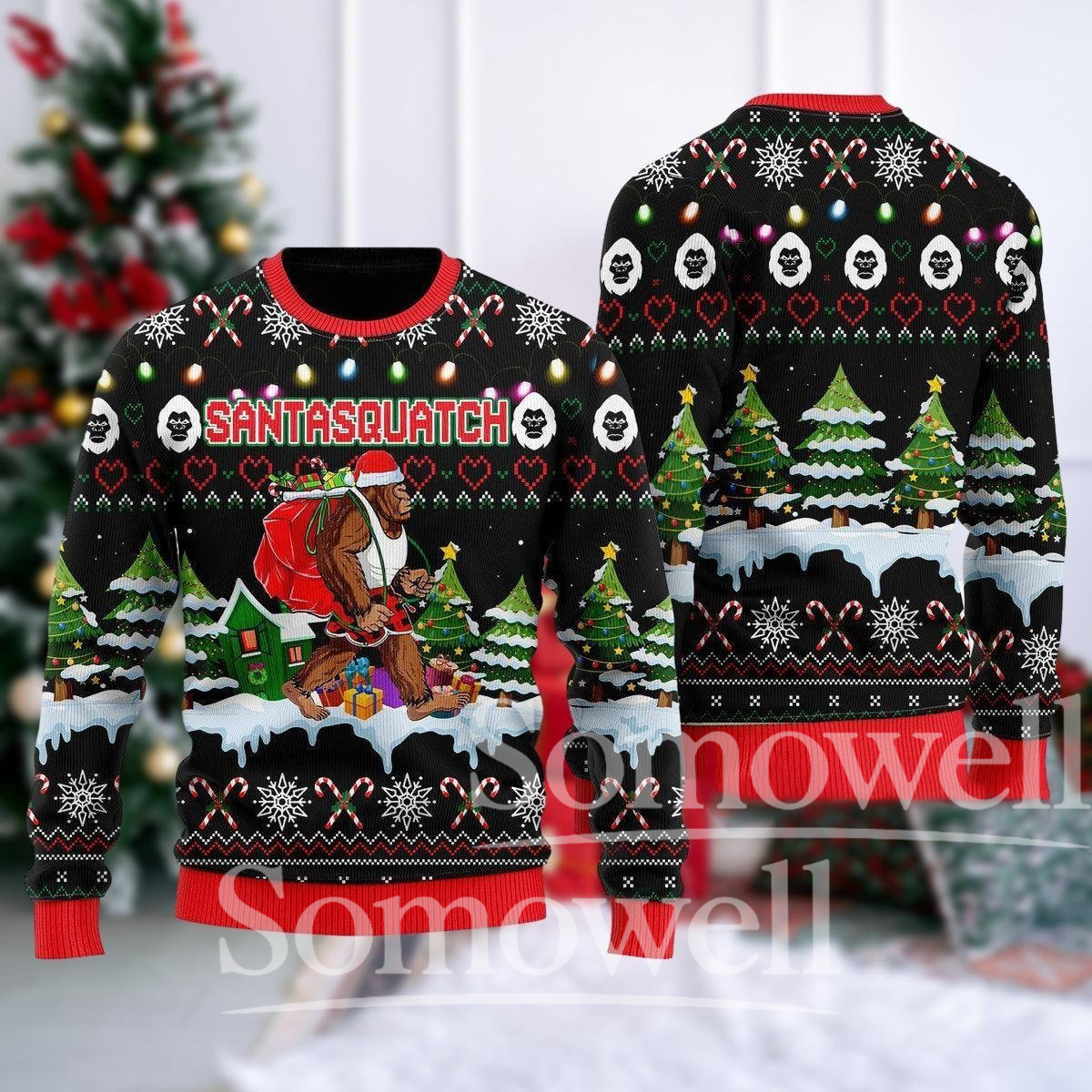 Santasquatch Christmas Sweater Funny Bigfoot Holiday Knit Pullover for Men and Women