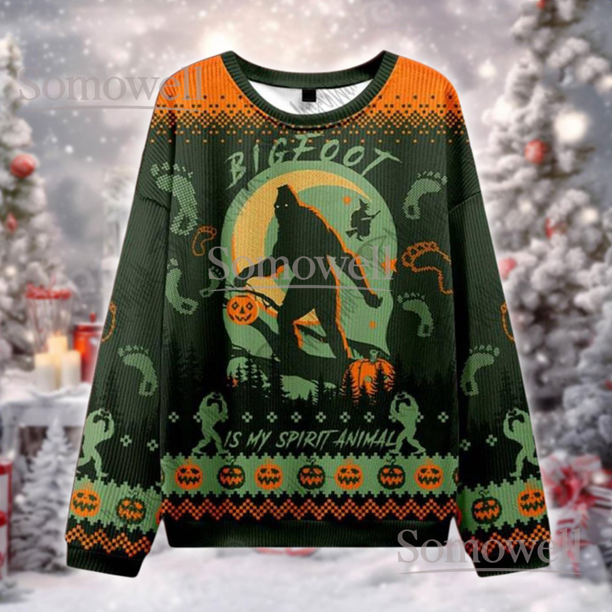 Bigfoot Christmas Green Ugly Sweater Spirit Animal Forest Holiday Knit Jumper
