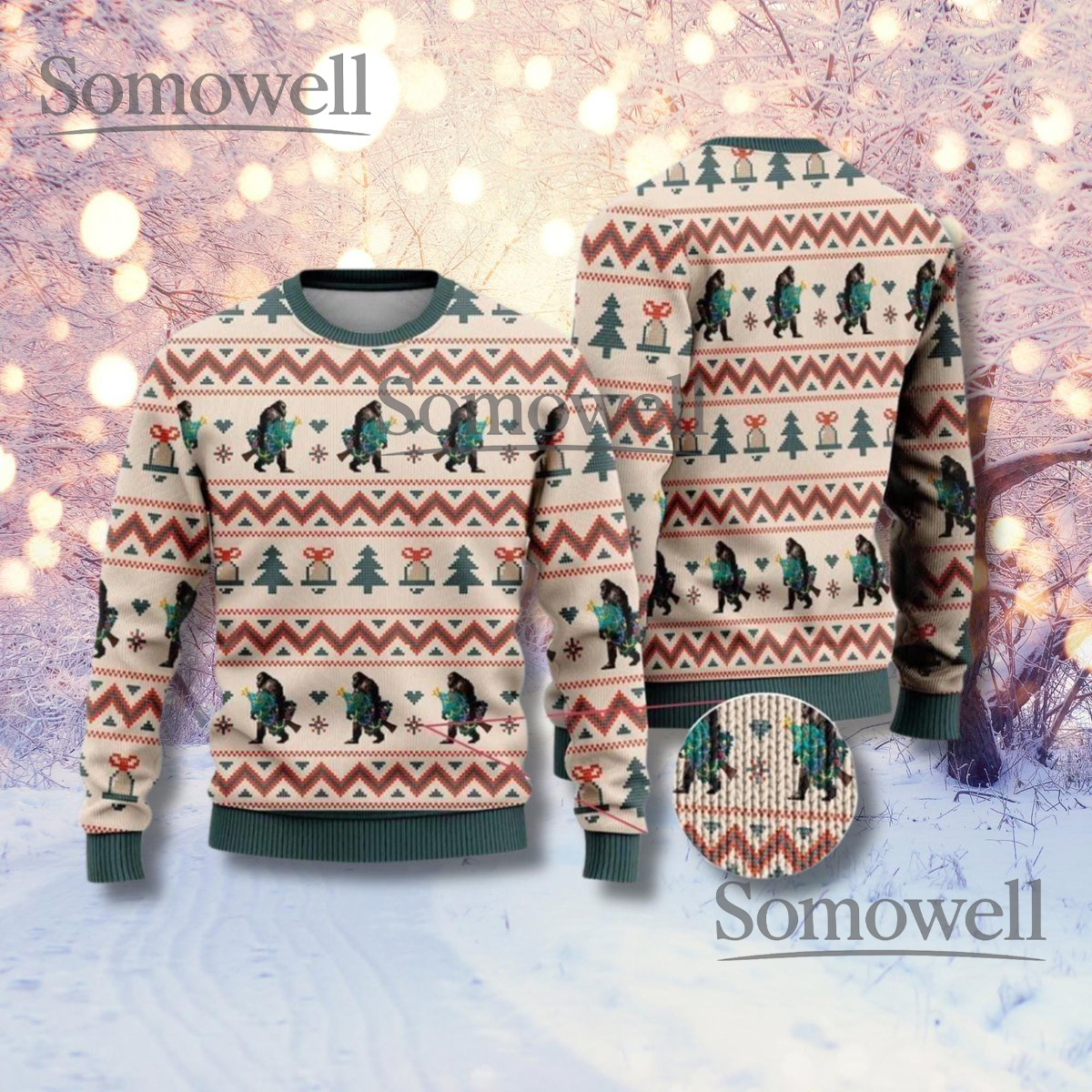 Bigfoot Christmas Ugly Sweater Forest Fair Isle Pattern Unisex Holiday Jumper