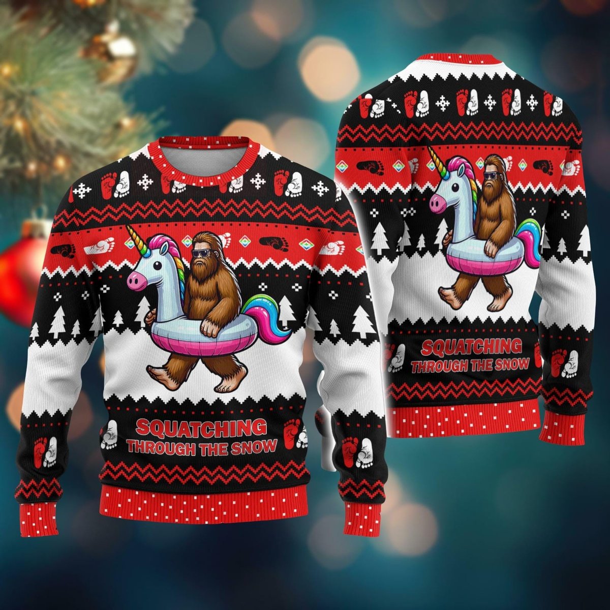 Bigfoot Unicorn Red Christmas Ugly Sweater Funny Squatching Through The Snow Knit Jumper