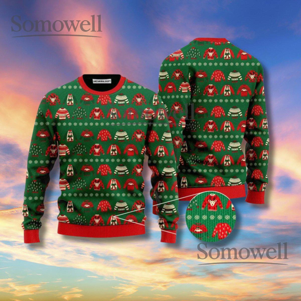 Bigfoot Sasquatch Ugly Christmas Sweater Green Red Fair Isle Knit Unisex Holiday Jumper