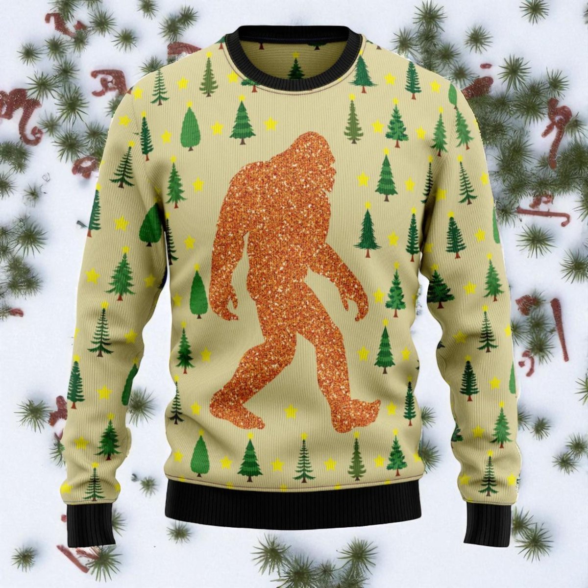 Bigfoot Sasquatch Ugly Christmas Sweater Glitter Forest Holiday Knit Pullover