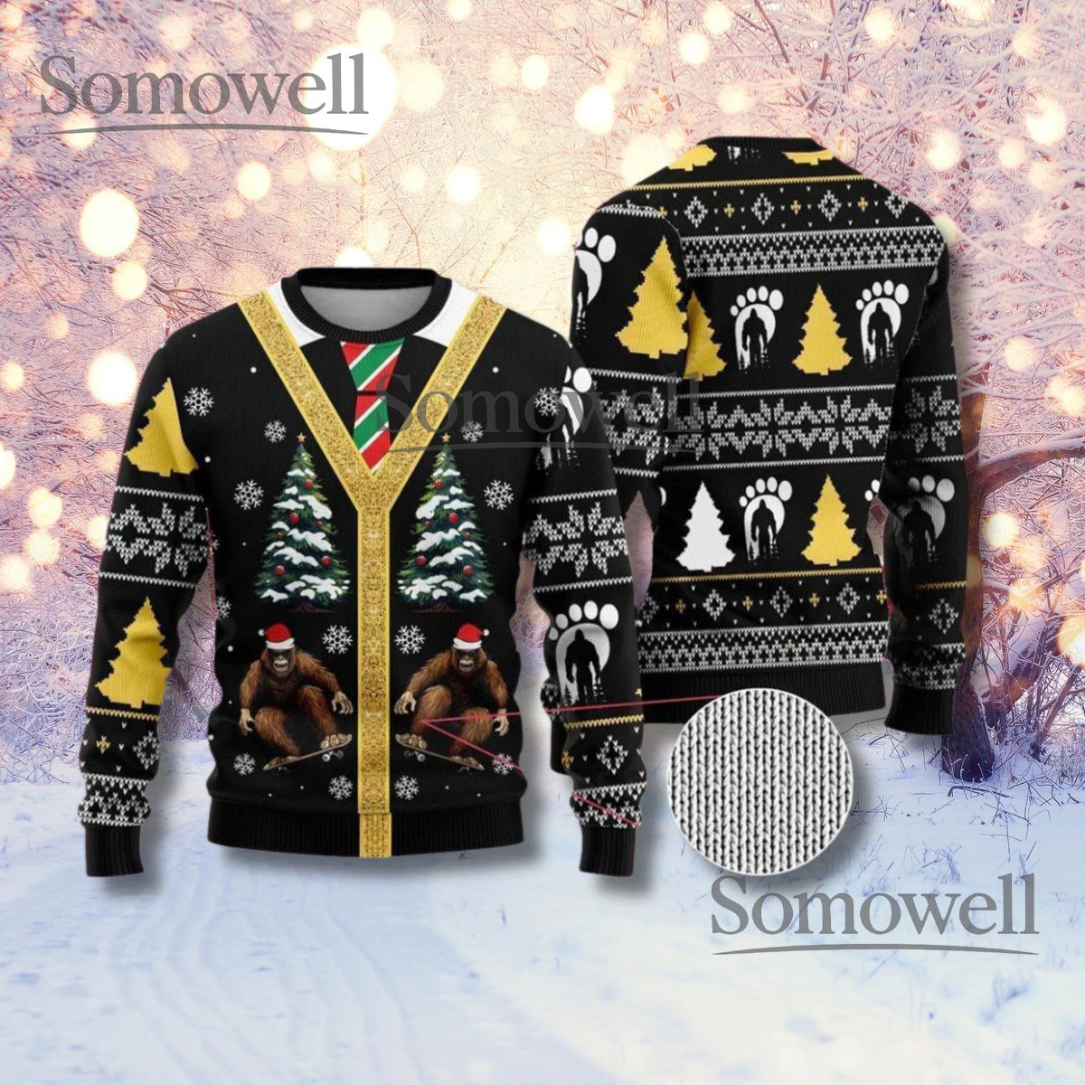 Bigfoot Skiing Ugly Christmas Sweater Faux Cardigan Tie Print Unisex Holiday Jumper