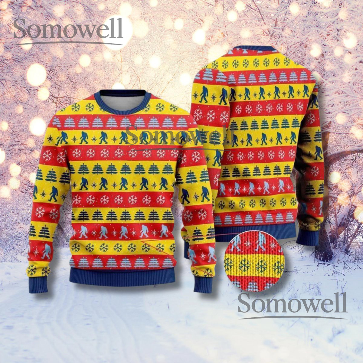 Bigfoot Ugly Christmas Sweater Retro Stripe Pattern Unisex Holiday Jumper