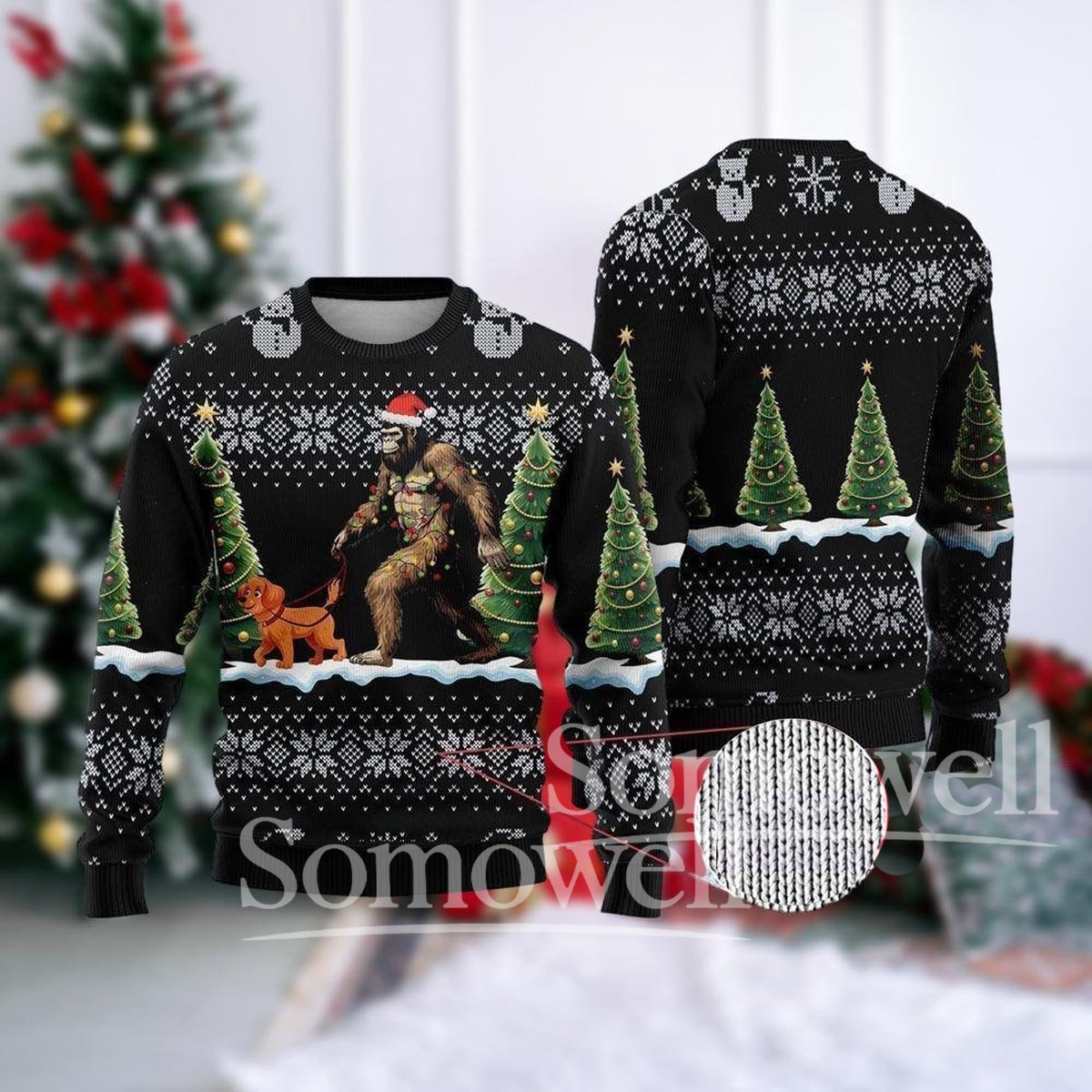 Bigfoot Ugly Christmas Sweater Funny Sasquatch and Dog Knit Pullover for Holiday Season