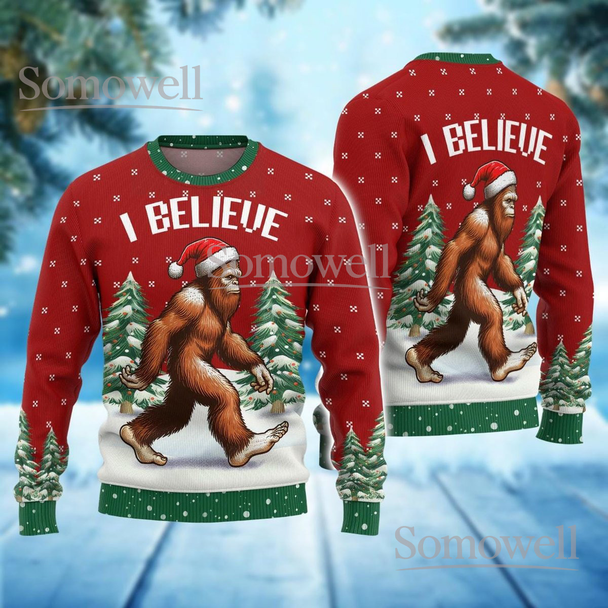 Bigfoot I Believe Christmas Red Ugly Sweater Funny Sasquatch Holiday Knit Jumper
