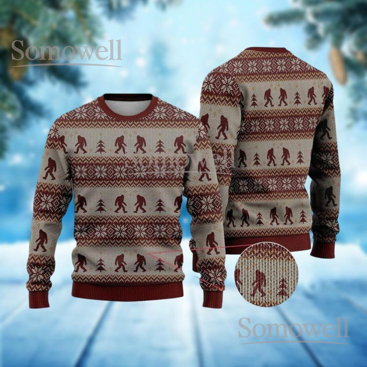 Bigfoot Pattern Beige Christmas Ugly Sweater Nordic Sasquatch Holiday Knit Jumper