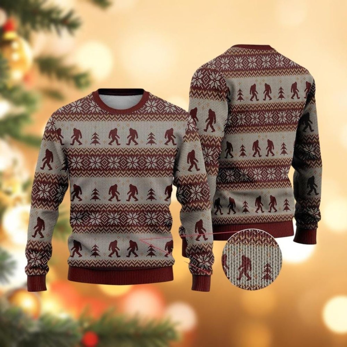 Bigfoot Pattern Knit Ugly Christmas Sweater Vintage Sasquatch Holiday Gift