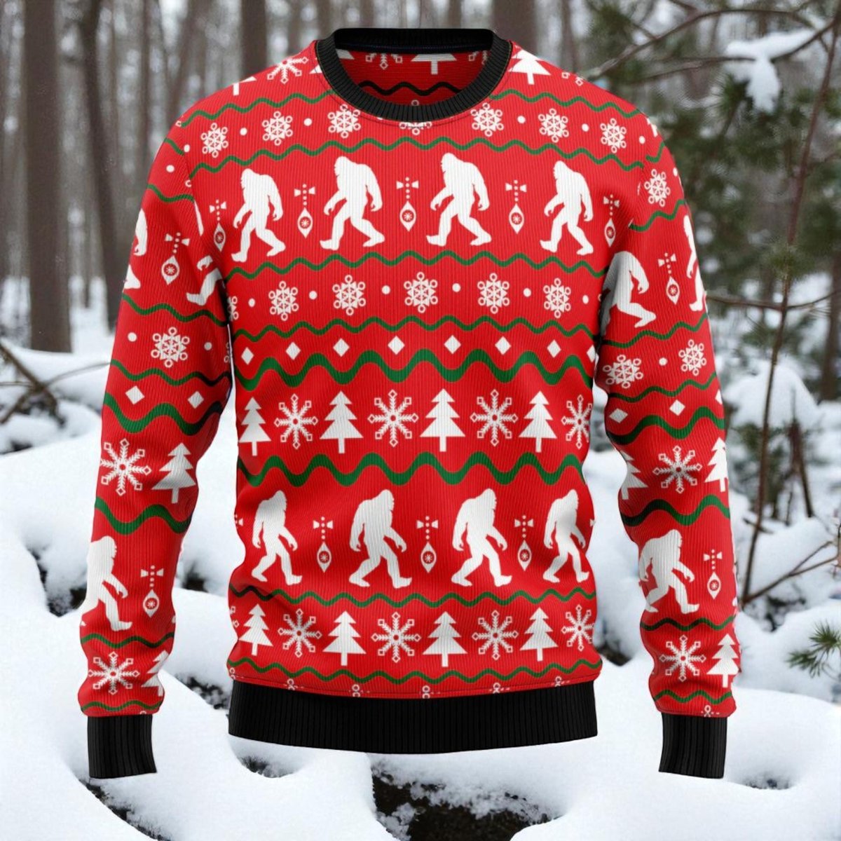 Bigfoot Red Ugly Christmas Sweater Funny Sasquatch Pattern Holiday Knit Pullover