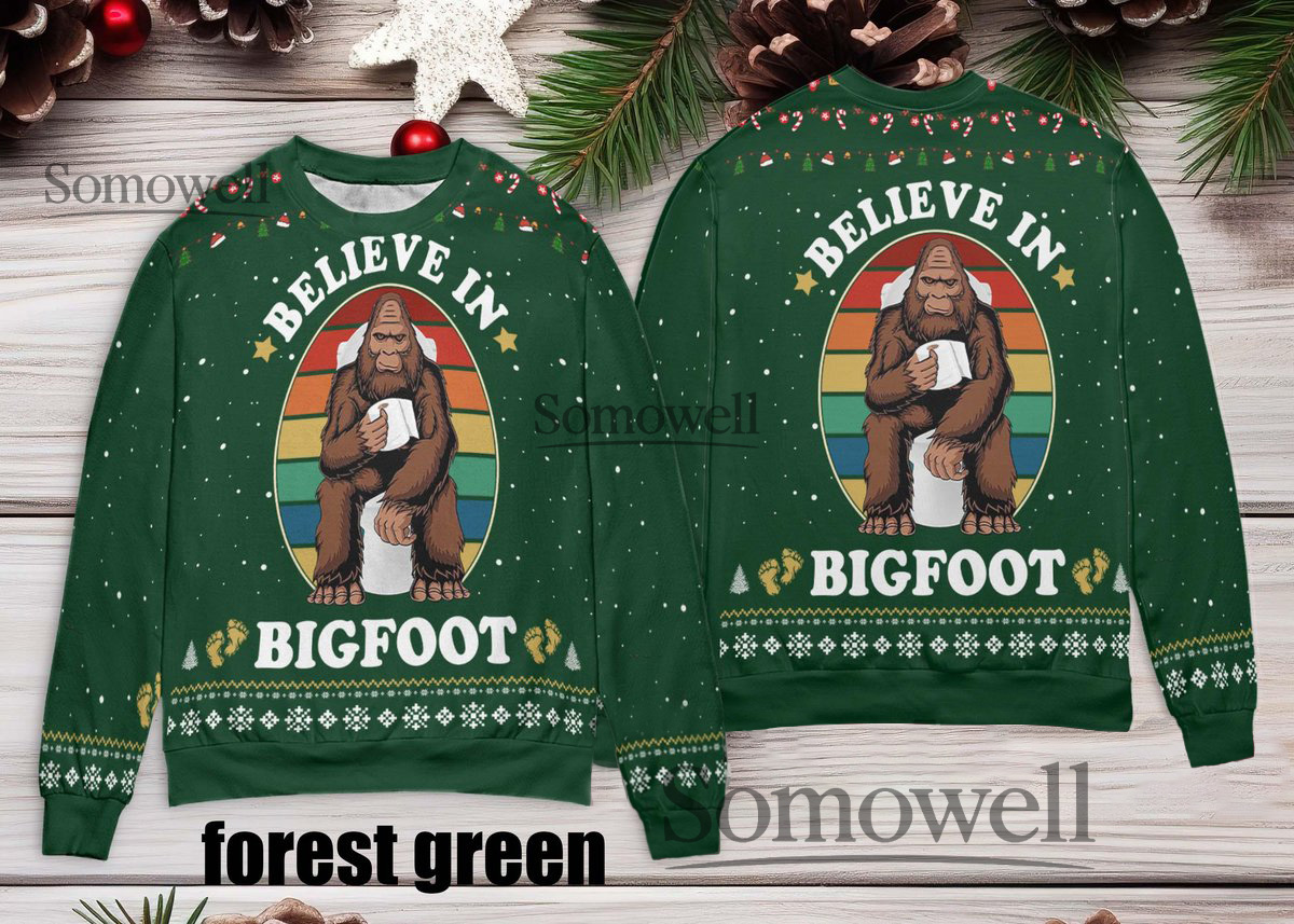 Believe In Bigfoot Ugly Christmas Sweater Personalized Forest Green Funny Holiday Sasquatch Design Multi Color Edition