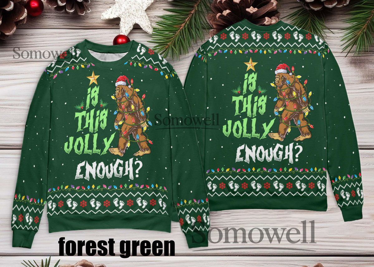 Is This Jolly Enough Bigfoot Ugly Christmas Sweater Personalized Forest Green Holiday Lights Sasquatch Design Multi Color Edition