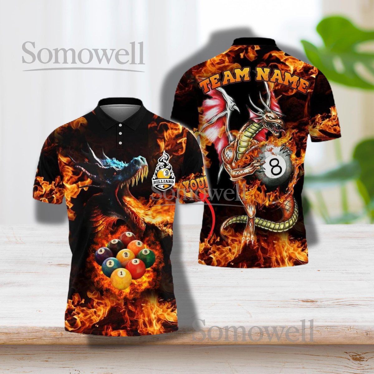 Billiards Polo Shirt 3D Dragon Fire Pool Balls Custom Team Name Jersey