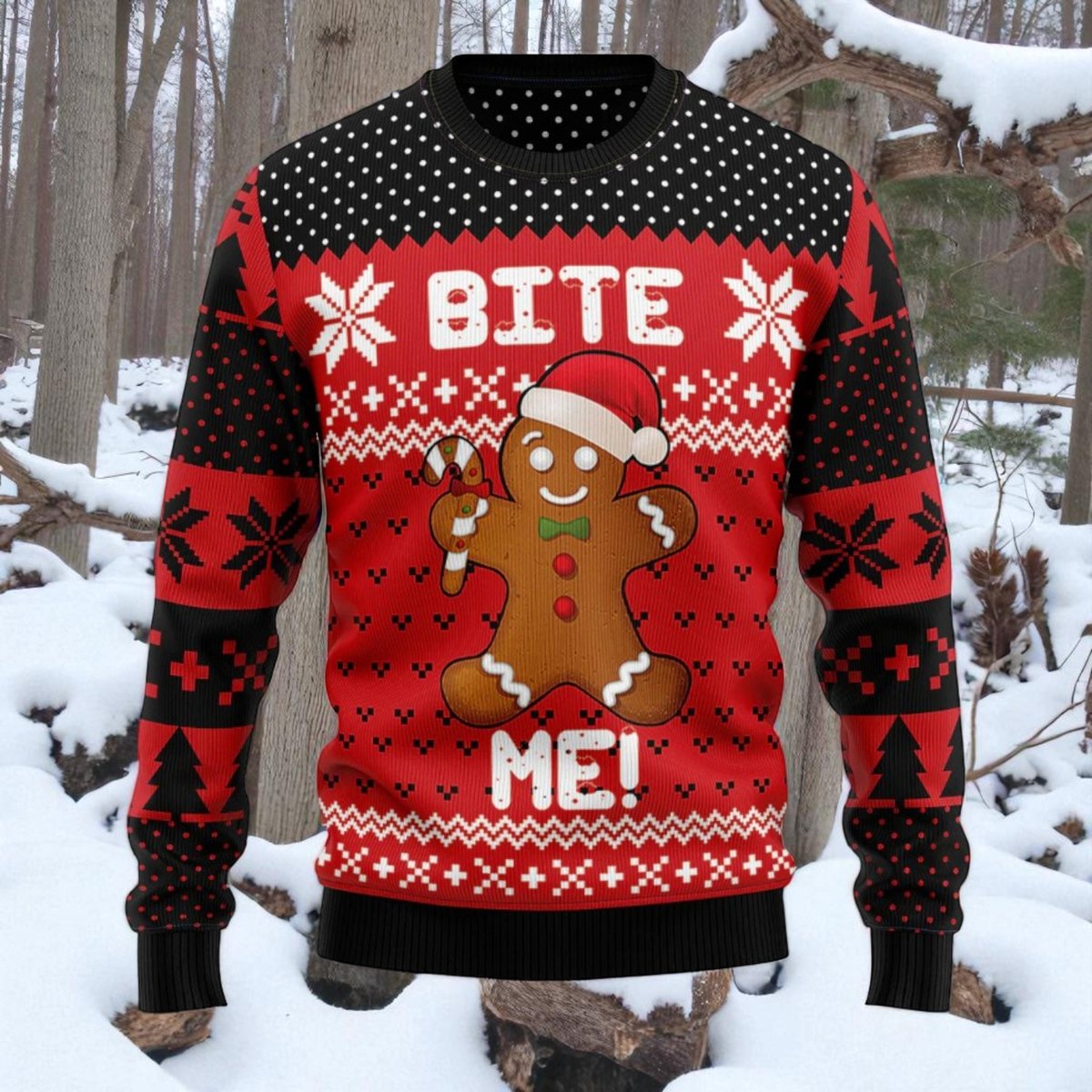 Bite Me Gingerbread Man Ugly Christmas Sweater Funny Cookie Holiday Pullover