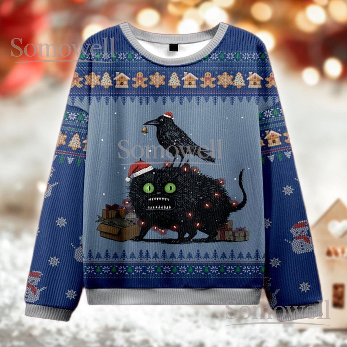 Black Cat And Raven Christmas Blue Ugly Sweater Gothic Funny Holiday Knit Jumper