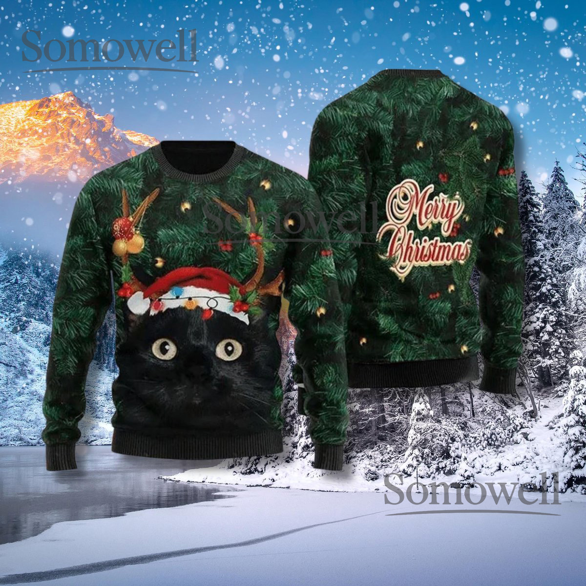 Black Cat Antlers Green Ugly Christmas Sweater Funny Pet Lover Holiday Knit Jumper