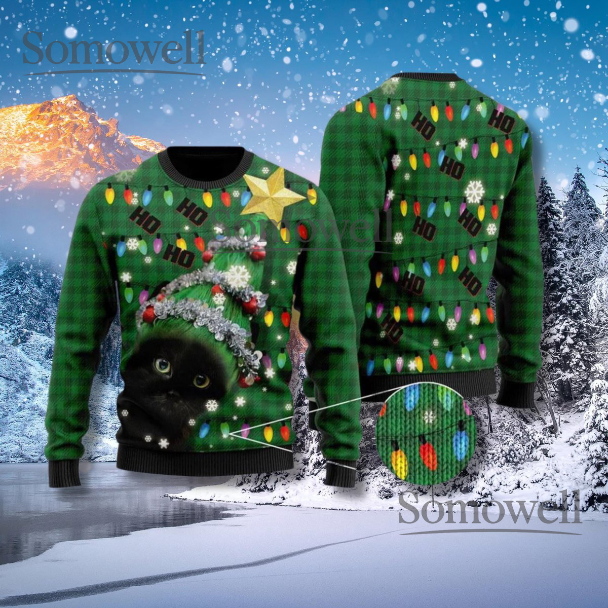 Black Cat Christmas Lights Ugly Sweater Green Plaid Unisex Holiday Pullover