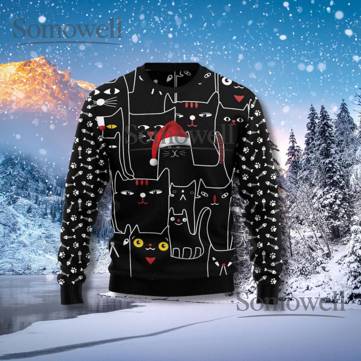 Black Cat Christmas Sweater Doodle Cats Santa Hat - Unisex Festive Jumper