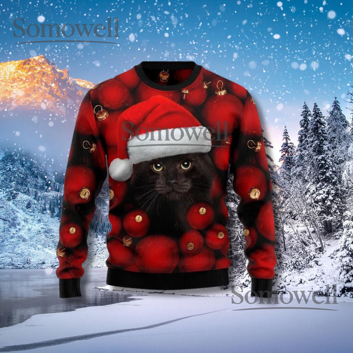 Black Cat Christmas Sweater Funny Santa Hat Holiday Pullover