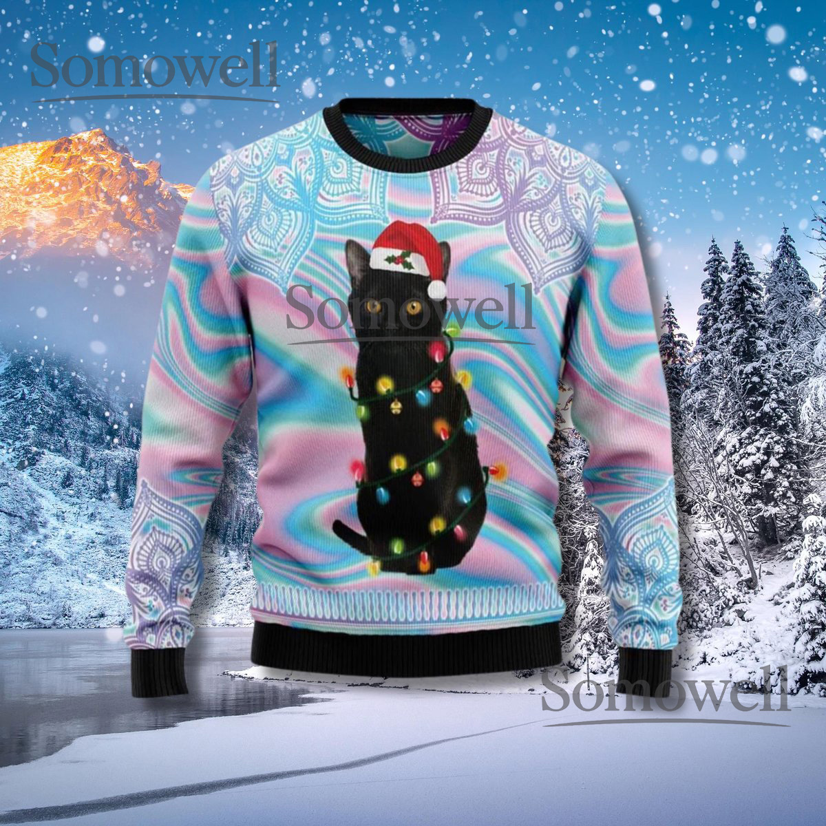 Black Cat Christmas Sweater Pastel Rainbow Ugly Xmas Pullover
