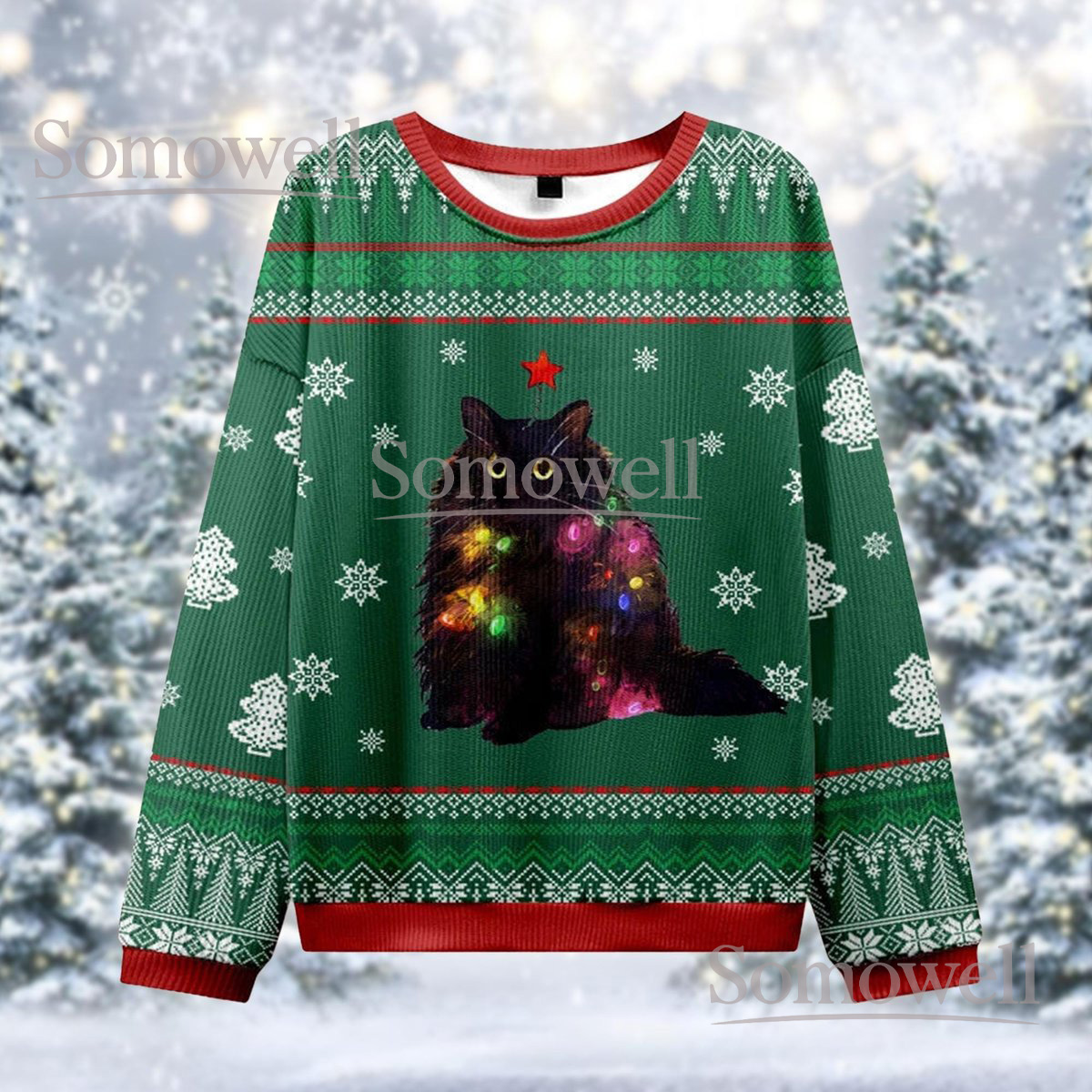 Black Cat Christmas Tree Lights Ugly Sweater Cute Cat Lovers Holiday Gift