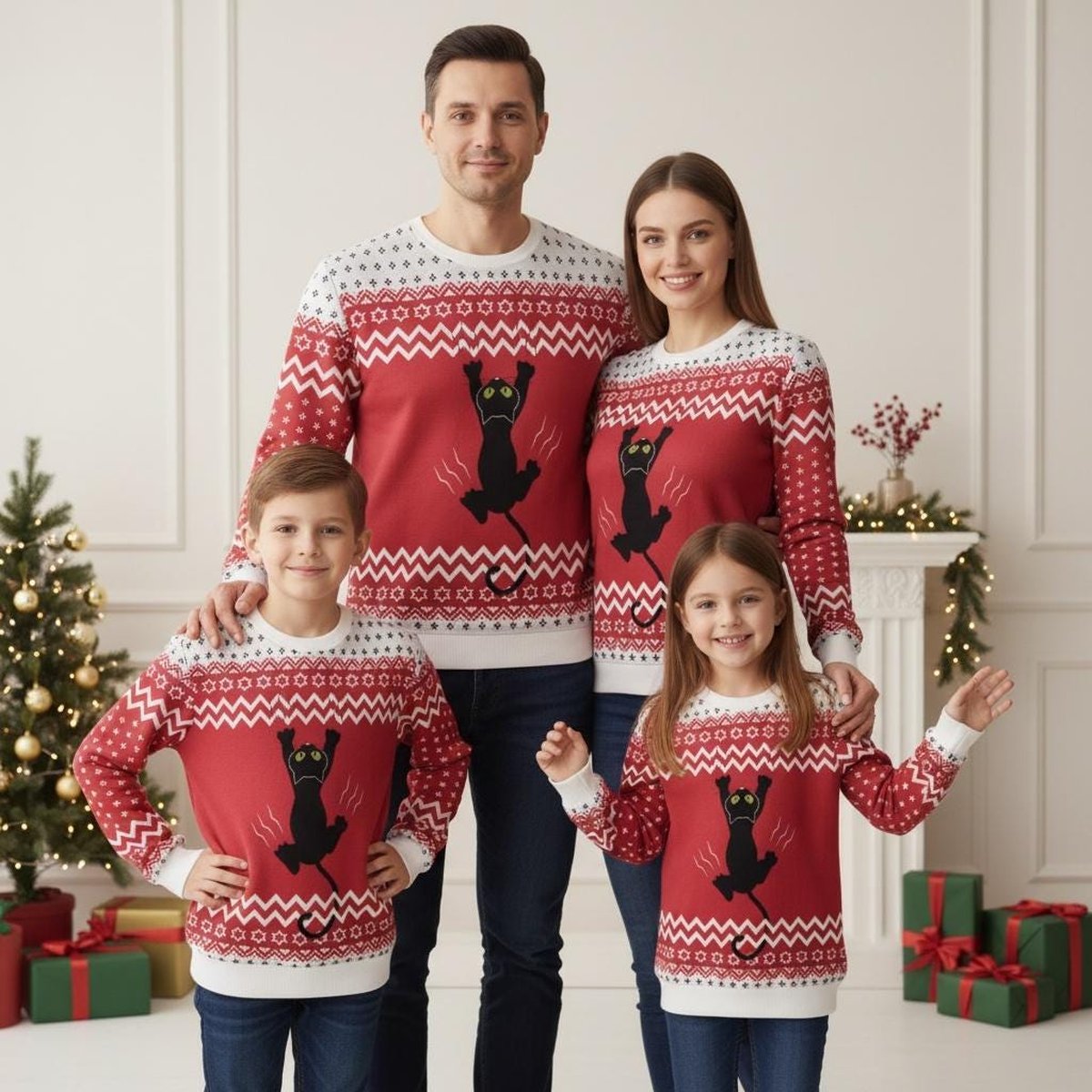 Funny Black Cat Climbing Red Ugly Christmas Sweater Holiday Knit Gift