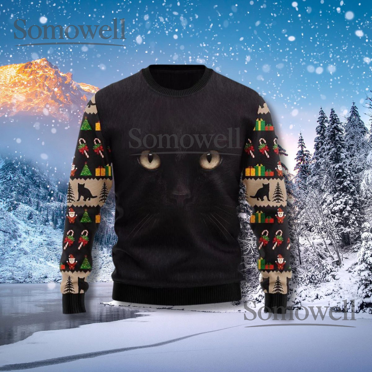 Black Cat Face Christmas Sweater Festive Holiday Knit with Patterned Sleeves