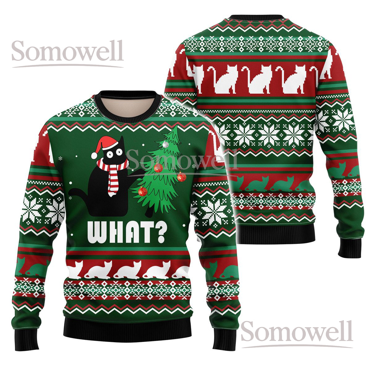 Black Cat Meowy Christmas Green Ugly Sweater Funny Cat Tree Holiday Knit Jumper