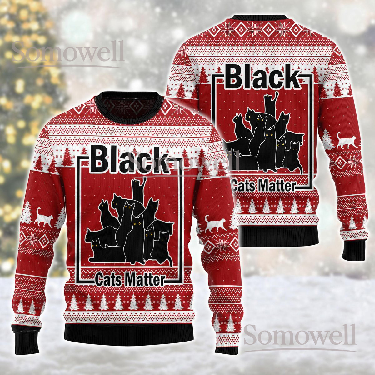 Black Cat Meowy Christmas Red Ugly Sweater Cute Cat Lover Holiday Knit Jumper