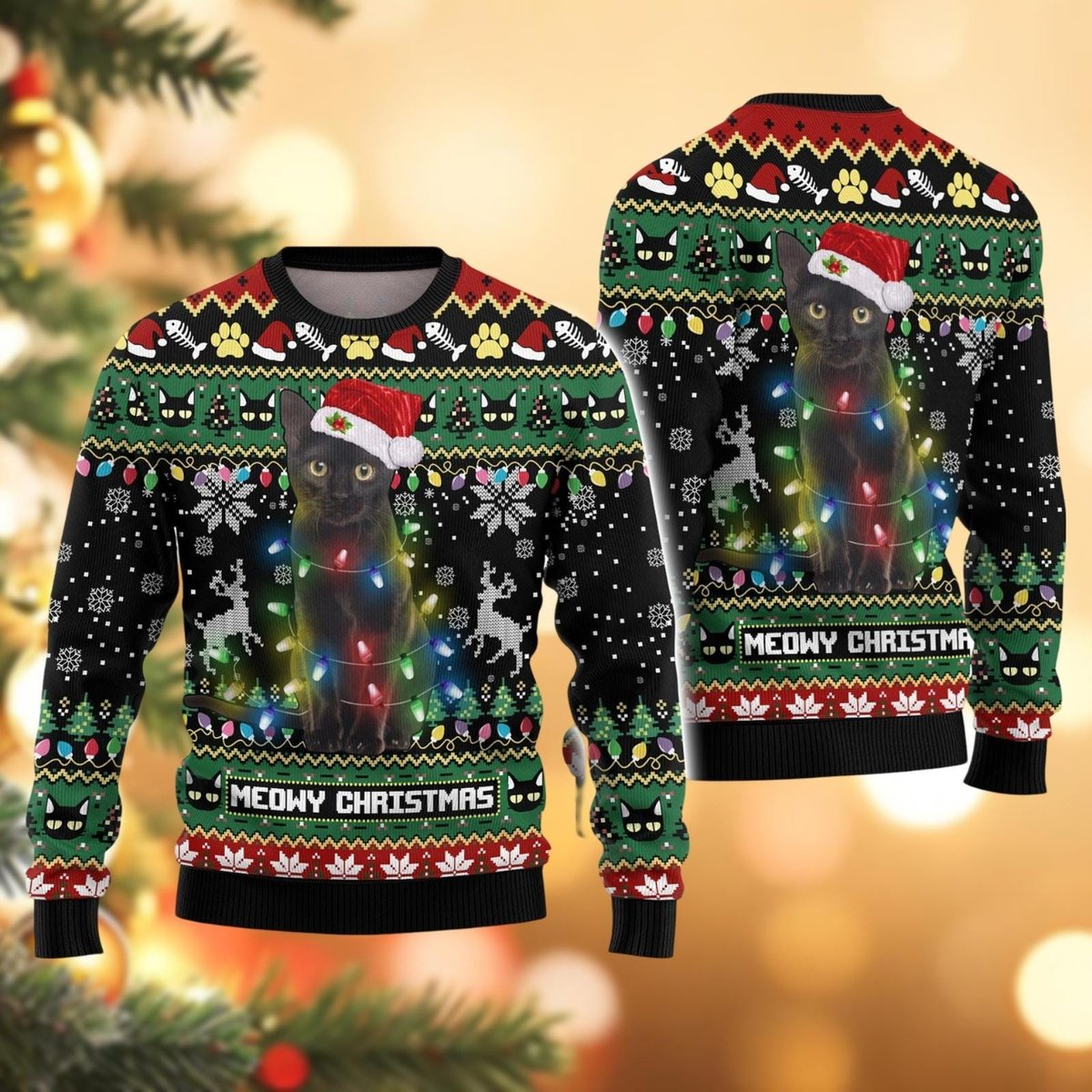 Black Cat Meowy Christmas Ugly Christmas Sweater Funny Cat Lover Gift