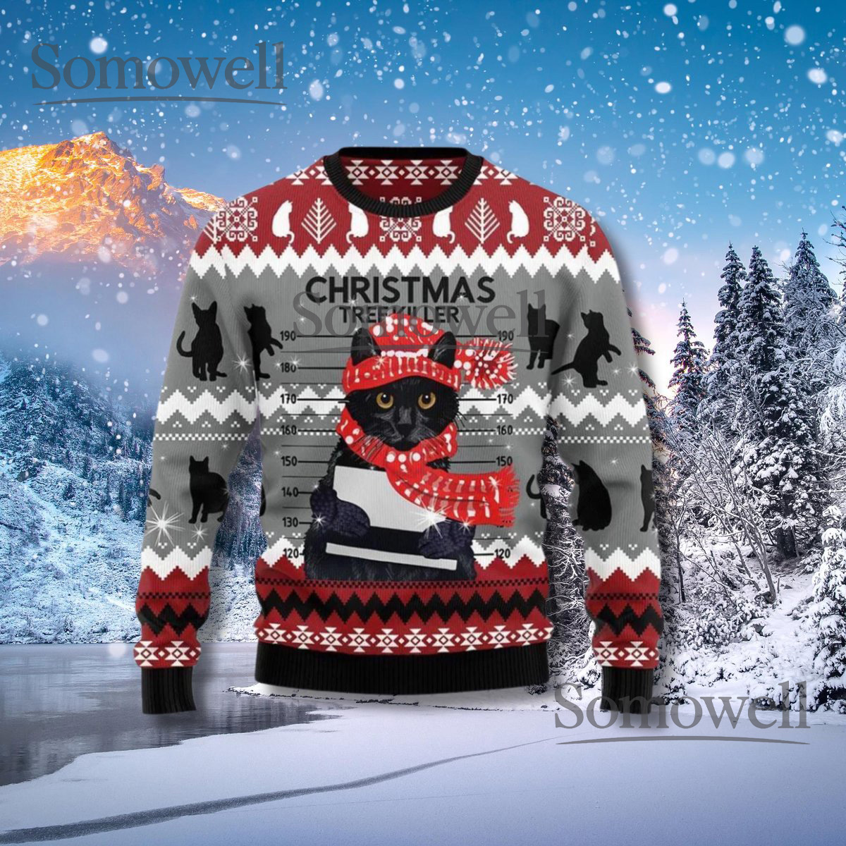 Black Cat Mugshot Ugly Christmas Sweater - Funny Holiday Pullover