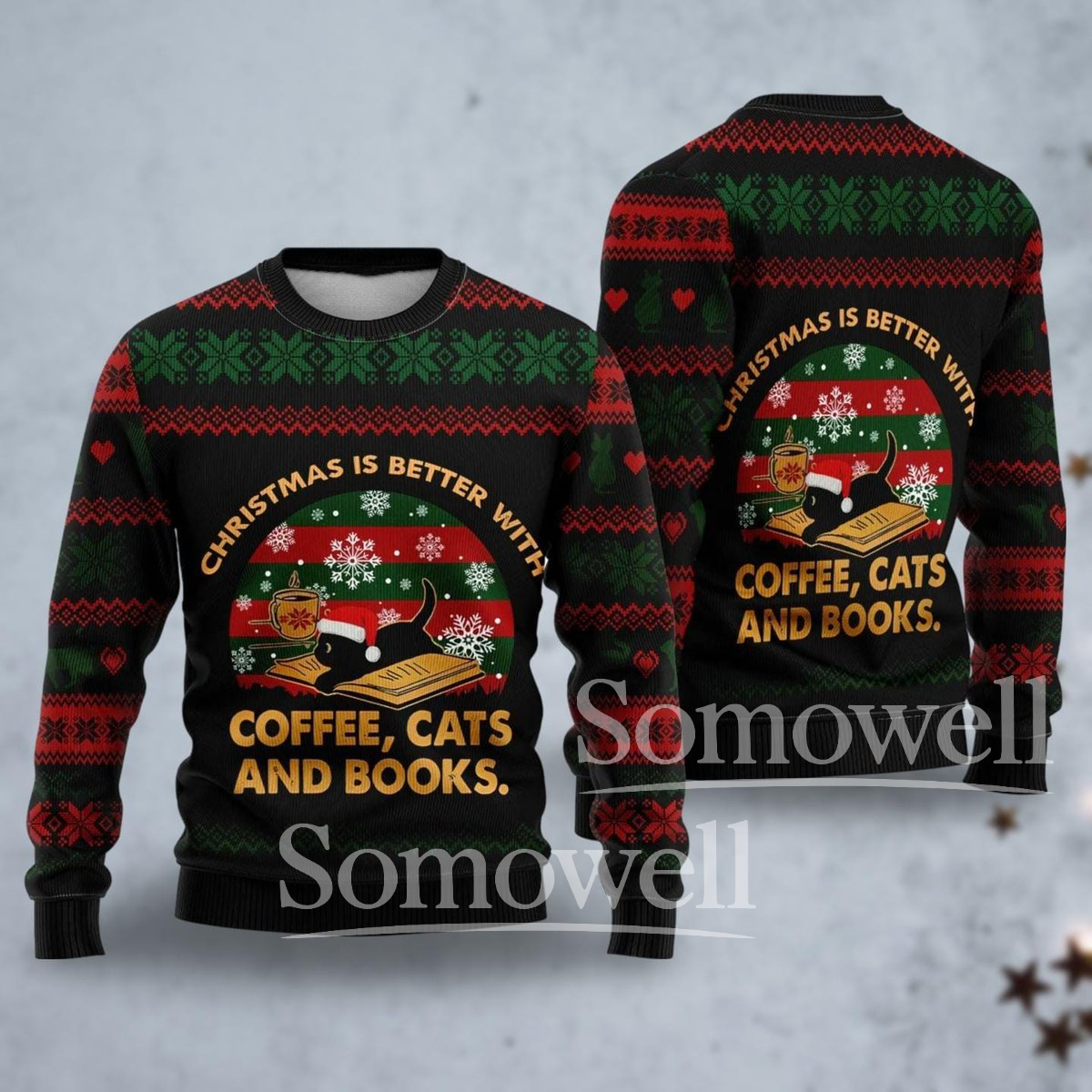 Christmas Sweater with Coffee Cats and Books Funny Holiday Knit Pullover Gift for Readers