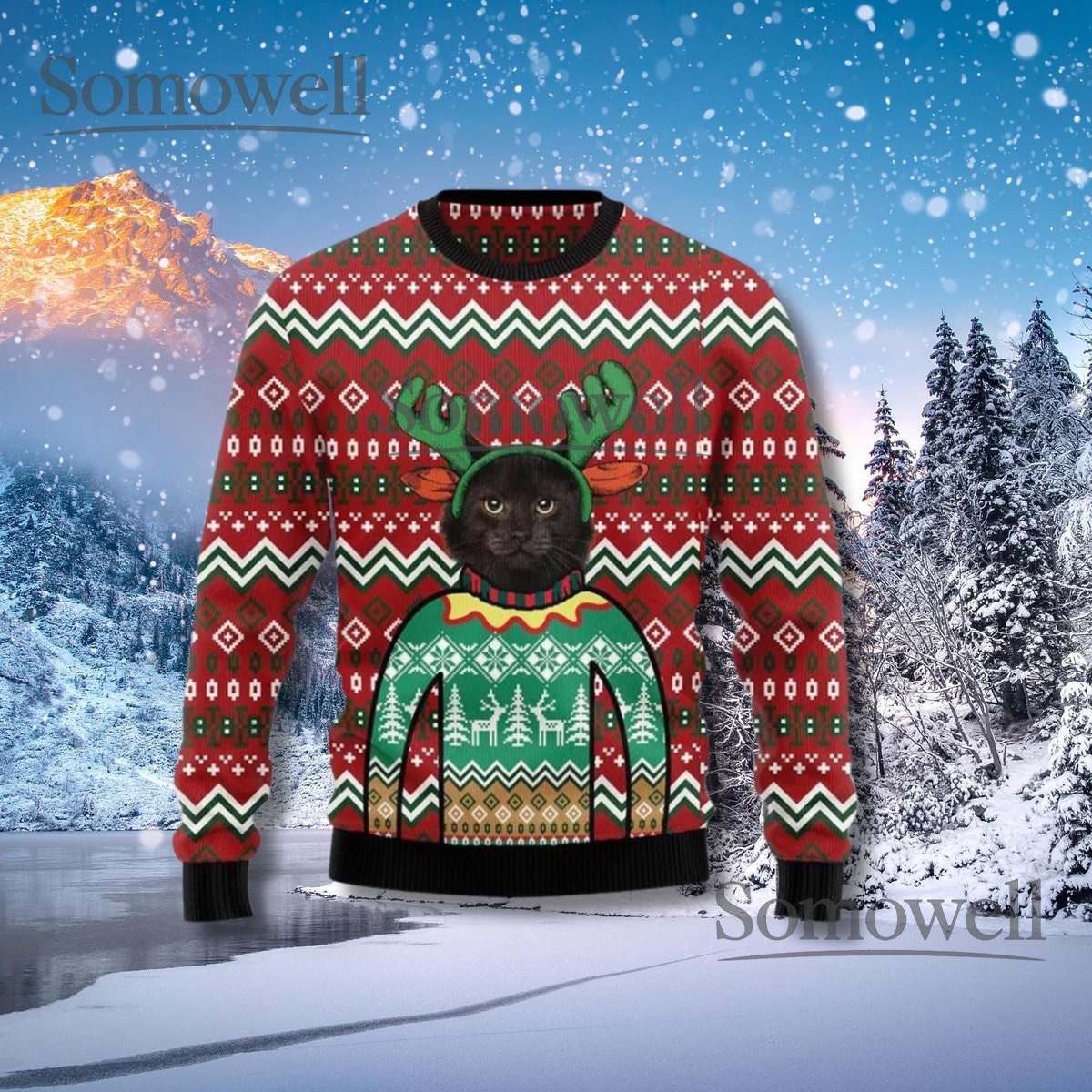 Black Cat Reindeer Ugly Christmas Sweater Festive Fair Isle Holiday Knit Jumper